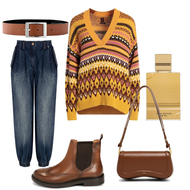 Outfit donna - Total look #1813522. Stile Urban per Tutti i giorni. Abbinamento con cinture, pullovers, profumi, jeans, stivaletti chelsea, borse a spalla.