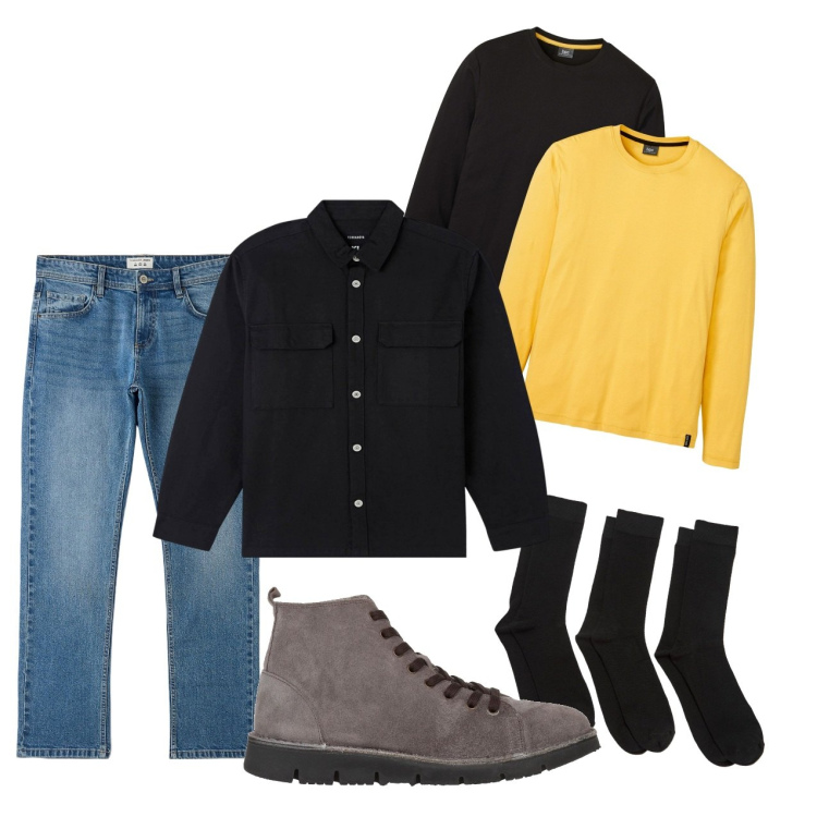 Outfit uomo - Il giallo e il nero. Stile Urban per Tutti i giorni. Abbinamento con maglieria, stivali e stivaletti, cappotti, jeans, calzini.