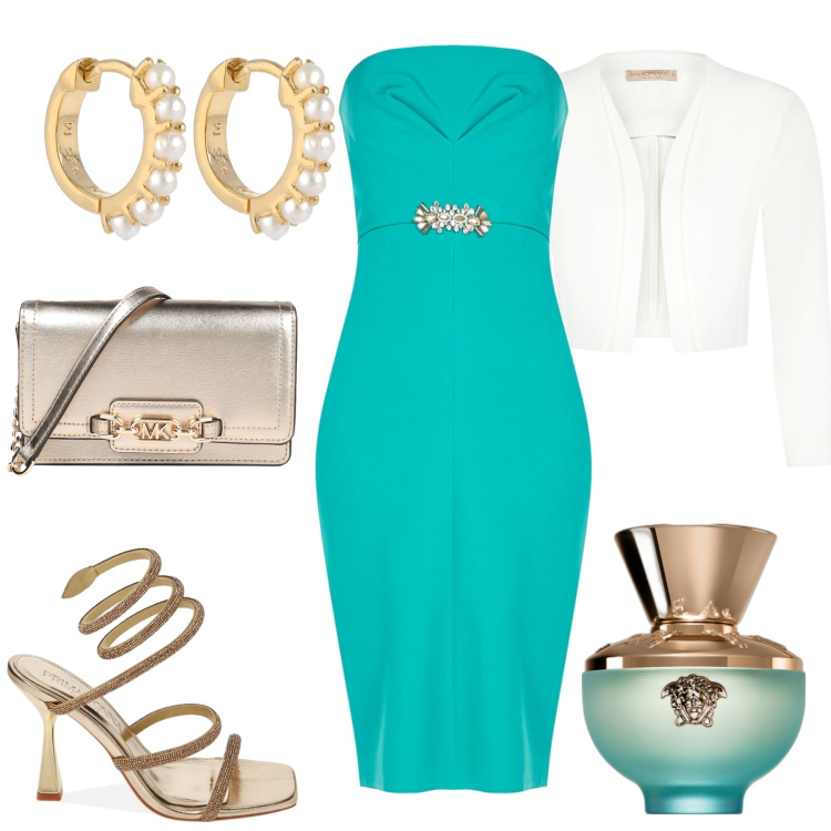 Outfit donna - New collection Rinascimento. Stile Chic per Cerimonia. Abbinamento con borse a mano, profumi, vestiti midi/longuette, blazer, sandali col tacco, orecchini.