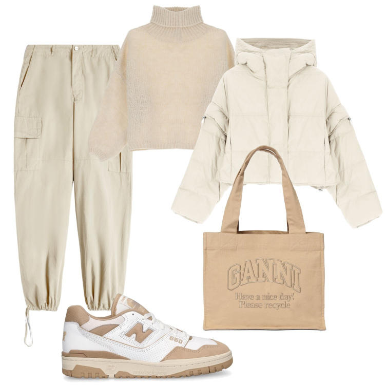 Outfit donna - Pantaloni cargo in città. Stile Casual per Tutti i giorni. Abbinamento con maglieria, piumini, pantaloni cargo, sneakers, shopping bag.
