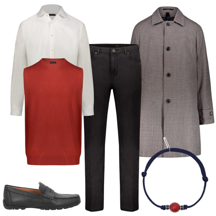 Outfit uomo - In ufficio trendy-chic. Stile Trendy per Ufficio. Abbinamento con scarpe stringate, braccialetti, gilet, cappotti, camicie, pantaloni.