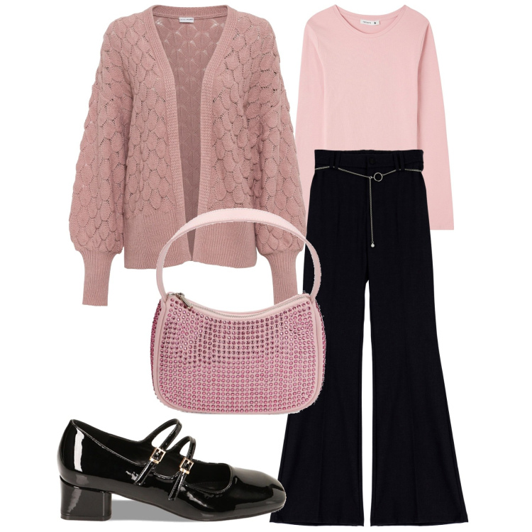 Outfit donna - Inverno vernice. Stile Bon Ton per Serata fuori. Abbinamento con cardigans, t-shirt, pantaloni, borse a spalla, décolleté.