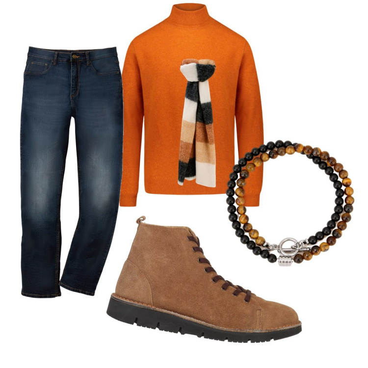 Outfit uomo - Total look #1813546. Stile Casual per Tutti i giorni. Abbinamento con jeans dritti, stivali e stivaletti, sciarpe, braccialetti, maglieria.