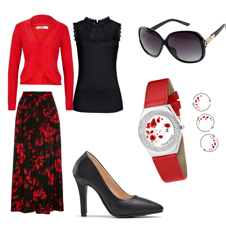 Outfit donna - L\'orologio rosso. Abbinamento con gonne lunghe, occhiali da sole, top, décolleté, blazer, orologi.
