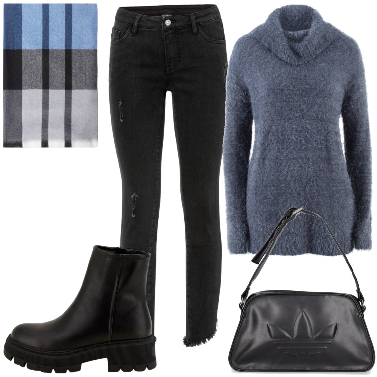Outfit donna - Total look #1813565. Stile Casual per Tutti i giorni. Abbinamento con jeans skinny, maglieria, stivaletti, borse a tracolla, sciarpe.