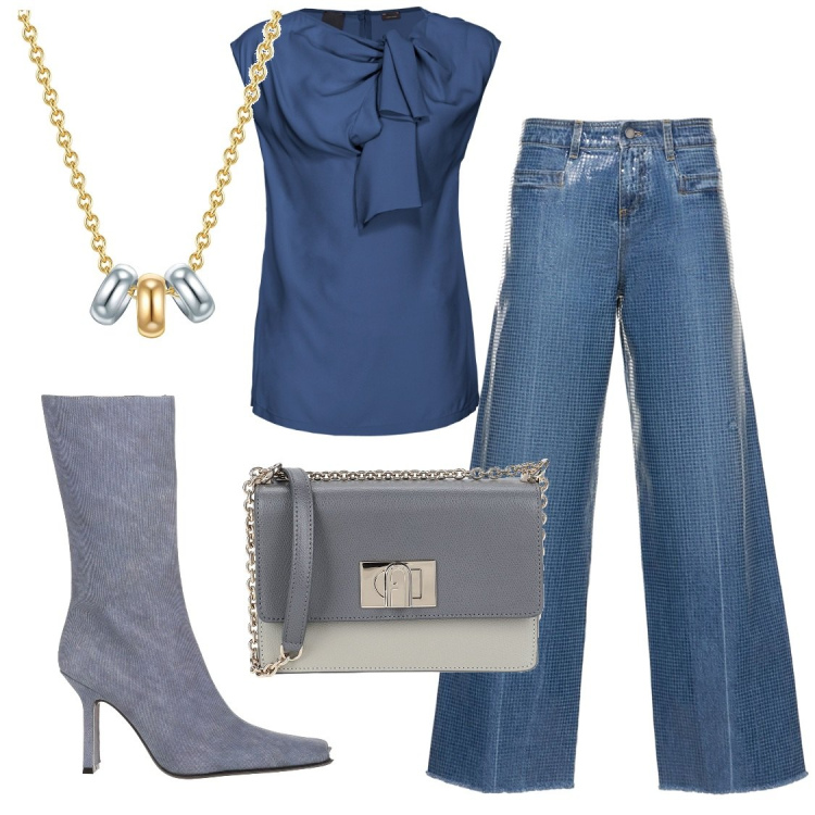 Outfit donna - Osare e combinare stili diversi. Stile Glamour per Serata fuori. Abbinamento con stivali, borse a tracolla, collane, top, jeans.