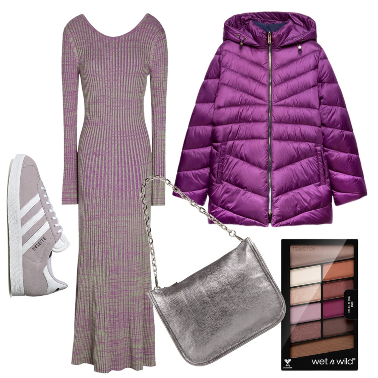 Outfit donna - Aperitivo&cinema. Stile Casual chic per Serata fuori. Abbinamento con ombretti, vestiti lunghi, borse a spalla, sneakers, piumini.