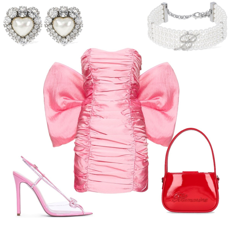 Outfit donna - San Valentino Glam. Stile Chic per Serata fuori. Abbinamento con borse a mano, sandali in pelle, vestiti, orecchini, collane.
