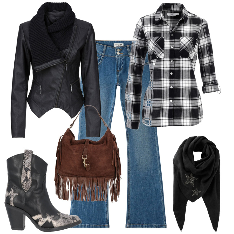 Outfit donna - Country style. Stile Boho per Tutti i giorni. Abbinamento con blazer, camicie, foulard, stivaletti texani, borse a mano, jeans a zampa.