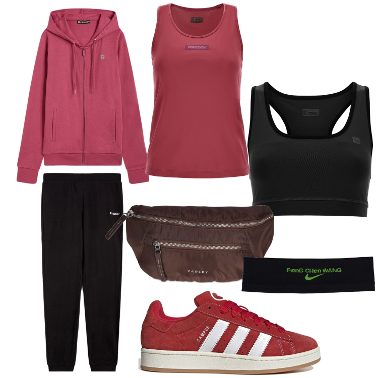 Outfit donna - Sportiva. Stile Sporty chic per Sport. Abbinamento con tute sportive, reggiseni, canottiere, sneakers, marsupi, fasce per capelli.