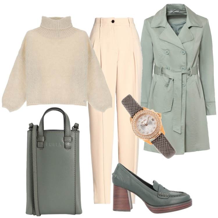 Outfit donna - Tinte pastello per il look da ufficio. Stile Minimal per Ufficio. Abbinamento con trench, mocassini, pantaloni, borse a tracolla, orologi, maglieria.