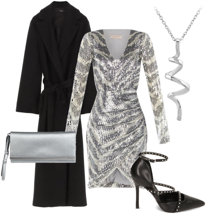 Outfit donna - Il 50esimo della mia amica. Stile Glamour per Serata fuori. Abbinamento con borse a mano, ciondoli, cappotti, vestiti a tubino, décolleté.