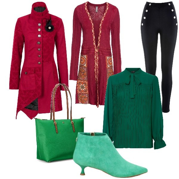 Outfit donna - Capodanno Cinese: anno del drago. Stile Glamour per Serata fuori. Abbinamento con leggings, cardigans, cappotti, bluse, stivaletti, borse tote.