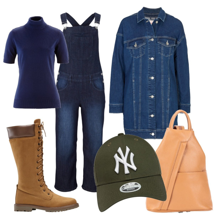 Outfit donna - Total look #1813642. Stile Urban per Tutti i giorni. Abbinamento con zaini, maglieria, salopette, blazer, stivali sopra il ginocchio, cappelli.