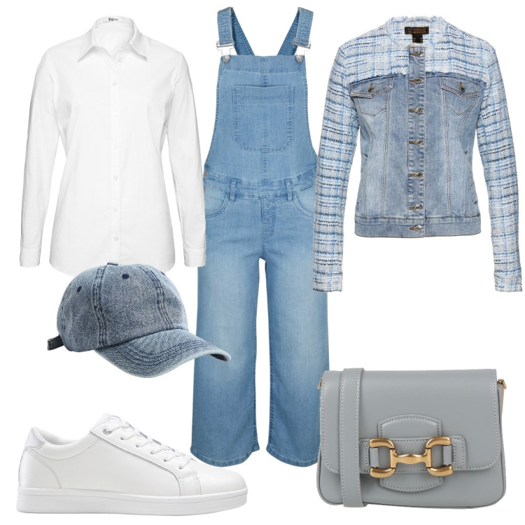 Outfit donna - Total look #1813647. Stile Casual per Scuola/Università. Abbinamento con camicie, sneakers, salopette, blazer, borse a tracolla, cappelli.