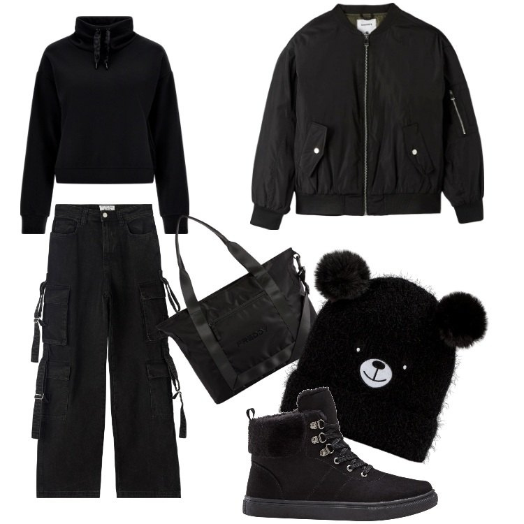 Outfit donna - Total black-Febbraio. Stile Trendy per Tutti i giorni. Abbinamento con sneakers alte, bomber, jeans, berretti, maglieria, borse tote.