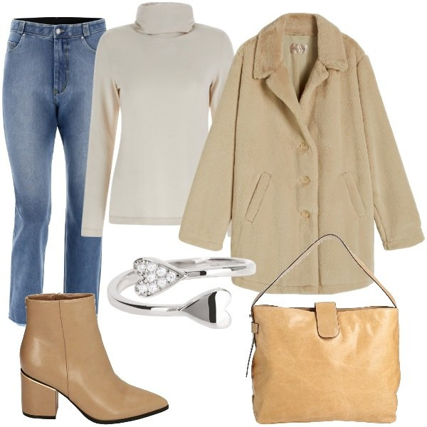 Outfit donna - L\'emozione del mio primo S.Valentino. Stile Basic per Serata fuori. Abbinamento con borse a mano, anelli, cappotti, jeans, maglieria, stivaletti.