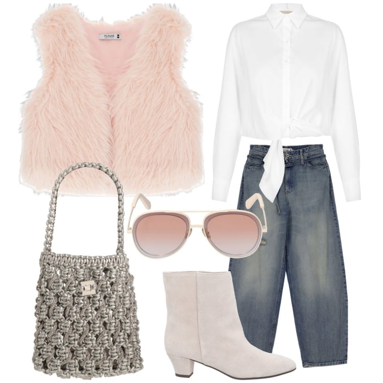Outfit donna - Glamour di mattina. Stile Glamour per Tutti i giorni. Abbinamento con borse a secchiello, stivaletti, jeans, gilet, camicie, occhiali da sole.