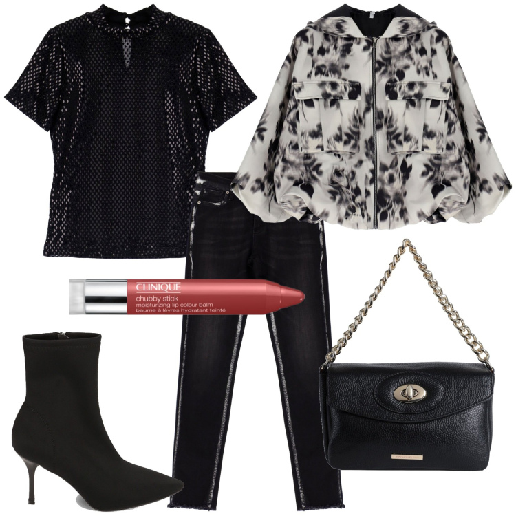 Outfit donna - Verso sera. Stile Glamour per Scuola/Università. Abbinamento con borse a mano, rossetti, pantaloni, t-shirt, blazer, stivaletti.