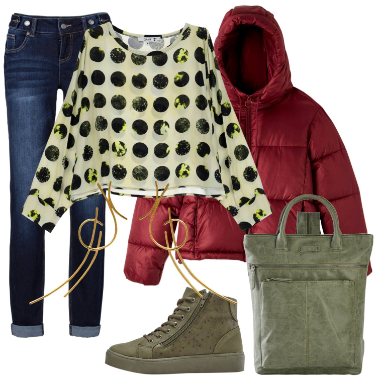 Outfit donna - Verde rinascita. Stile Trendy per Tutti i giorni. Abbinamento con jeans boyfriend, sneakers alte, zaini, piumini, felpe, orecchini.