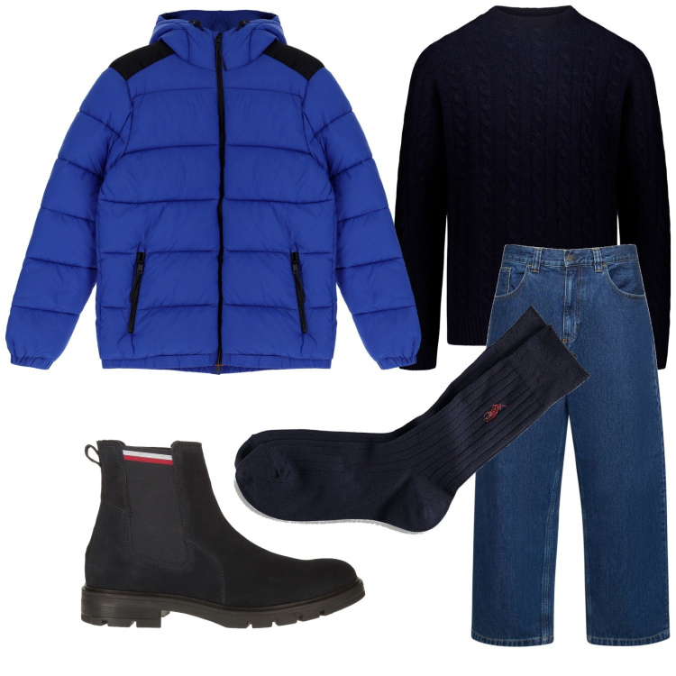 Outfit uomo - Total look #1813668. Stile Casual per Tutti i giorni. Abbinamento con stivali e stivaletti, piumini, calzini, maglieria, jeans.