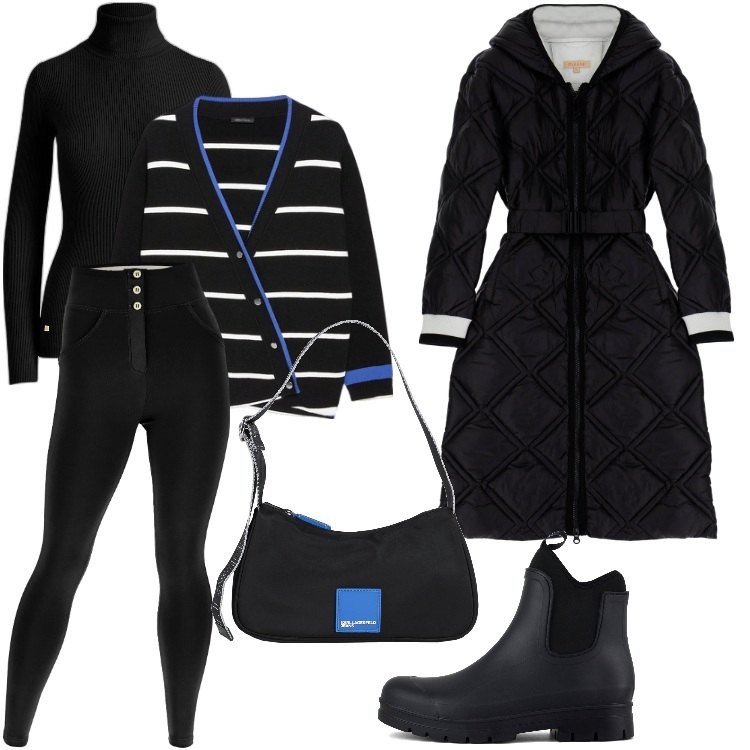 Outfit donna - Oversize-Febbraio. Stile Trendy per Tutti i giorni. Abbinamento con borse a spalla, piumini, pantaloni skinny, maglieria, stivali, cardigans.