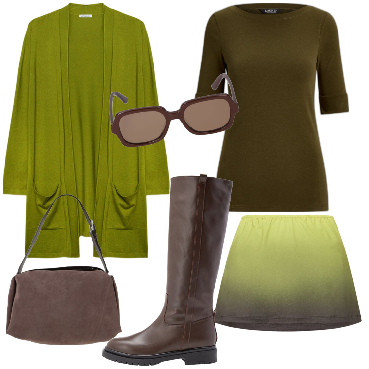 Outfit donna - I colori del sottobosco. Stile Casual chic per Tutti i giorni. Abbinamento con stivali, borse a spalla, cardigans, t-shirt, occhiali da sole, minigonne.