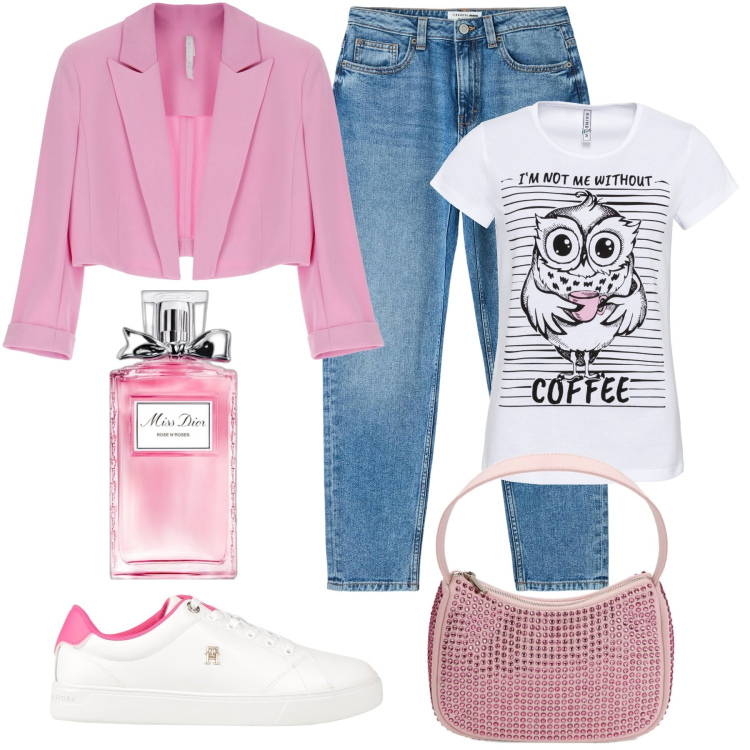 Outfit donna - Glamour a tutte le ore. Stile Glamour per Tutti i giorni. Abbinamento con sneakers, t-shirt sportive, profumi, jeans mom, cappotti, borse a spalla.