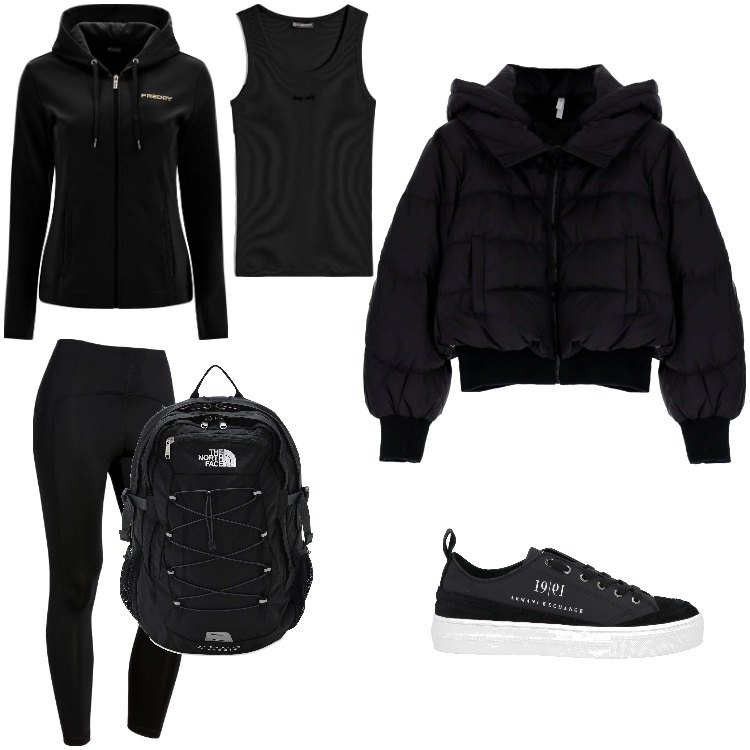 Outfit donna - Total look #1813683. Stile Trendy per Tutti i giorni. Abbinamento con sneakers, piumini, leggings sportivo, felpe con cappuccio, canottiere, zaini.