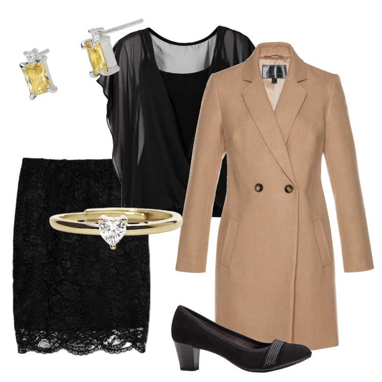 Outfit donna - Curvy style. Stile Chic per Serata fuori. Abbinamento con décolleté, cappotti, bluse, anelli, orecchini, gonne.