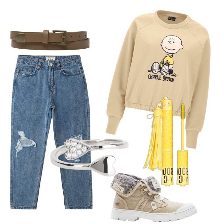 Outfit donna - Trendy look. Stile Trendy per Tutti i giorni. Abbinamento con sneakers alte, mascara, jeans mom, anelli, felpe, cinture.