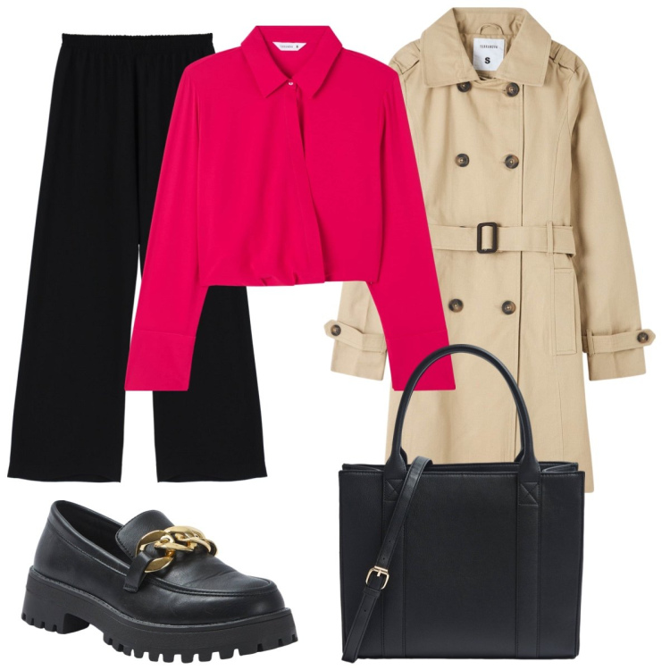 Outfit donna - Trench e mocassini. Stile Basic per Ufficio. Abbinamento con bluse, trench, mocassini, shopping bag, pantaloni a palazzo.