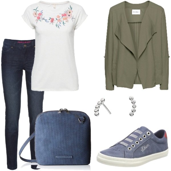 Outfit donna - Giornata piovosa. Stile Basic per Tutti i giorni. Abbinamento con jeans skinny, giacca scollo a cascata, t-shirt bianco, scarpe da ginnastica navy, borsa a spalla navy, orecchini a perno farfallina effetto lucido argento.