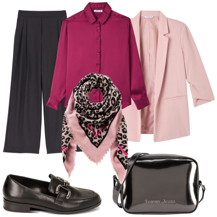Outfit donna - Ufficio in rosa e nero. Stile Mannish per Ufficio. Abbinamento con foulard, borse a tracolla, camicie, blazer, pantaloni a palazzo, mocassini.