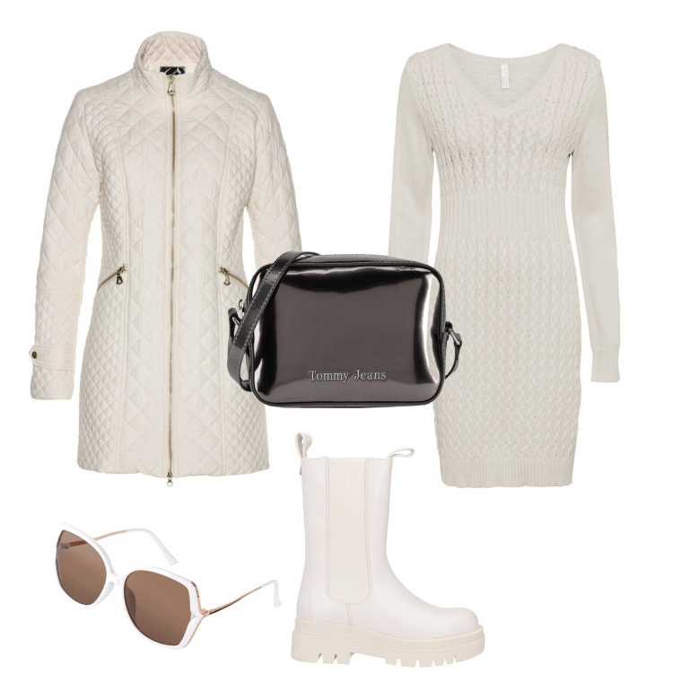 Outfit donna - Febbraio in white. Stile Trendy per Tutti i giorni. Abbinamento con blazer, vestiti, occhiali da sole, borse a tracolla, stivaletti chelsea.