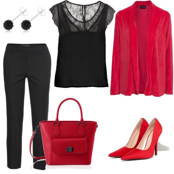 Outfit donna - Lavoro #234. Stile Trendy per Ufficio. Abbinamento con pantaloni, top chiffon, blazer collo aperto in velluto rosso, décolleté, shopping bag rosso, orecchini argento.