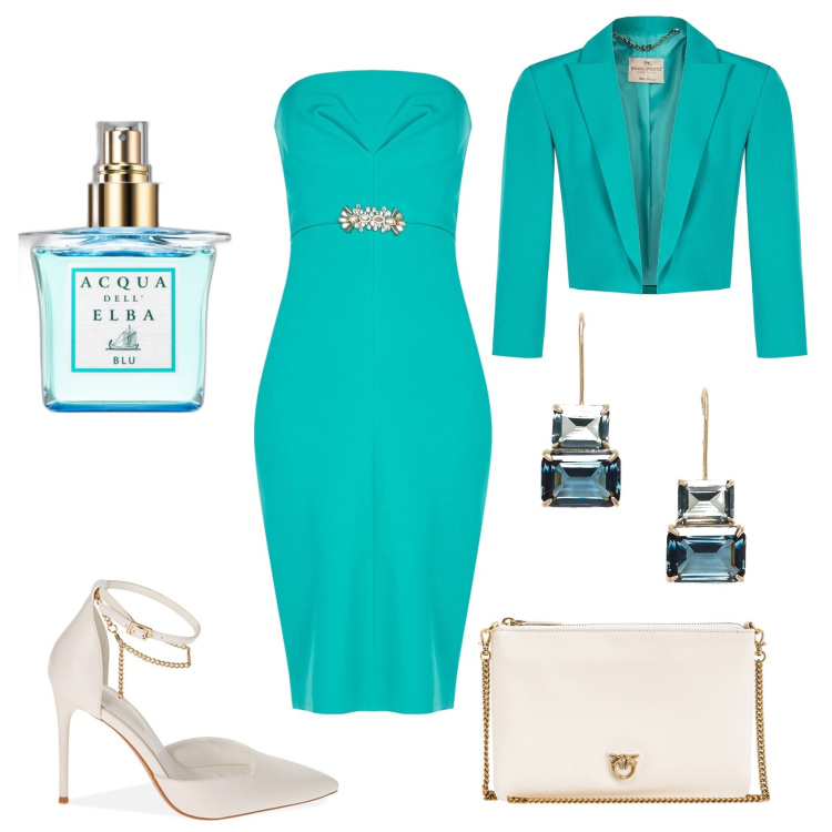 Outfit donna - Verde Acqua. Stile Chic per Cerimonia. Abbinamento con profumi, vestiti midi/longuette, blazer, borse a tracolla, décolleté, orecchini.