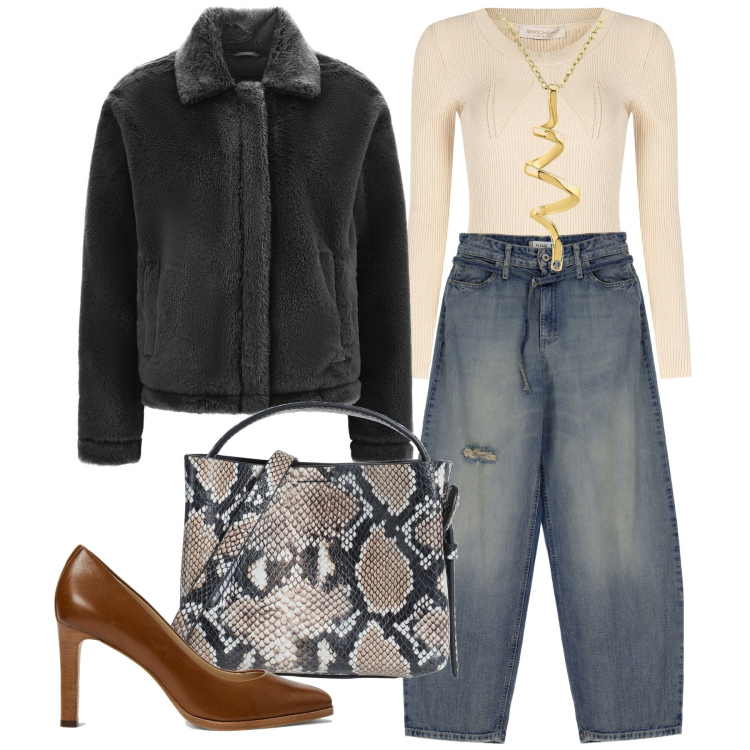 Outfit donna - Inverno pitonato. Stile Casual chic per Tutti i giorni. Abbinamento con ciondoli, borse a mano, maglieria, jeans, cappotti, décolleté.