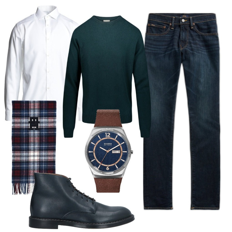 Outfit uomo - Giovanni: preciso per scelta. Stile Trendy per Ufficio. Abbinamento con orologi, camicie, sciarpe, stivali e stivaletti, jeans skinny, maglieria.
