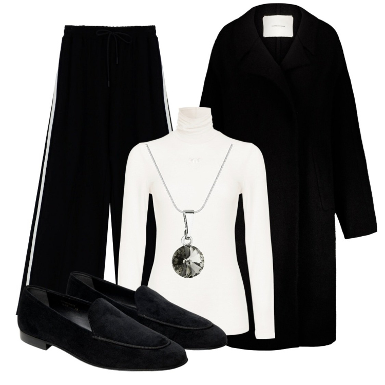 Outfit donna - Trend bianco e nero. Stile Casual chic per Tutti i giorni. Abbinamento con collane, maglieria, pantaloni a palazzo, mocassini, cappotti.