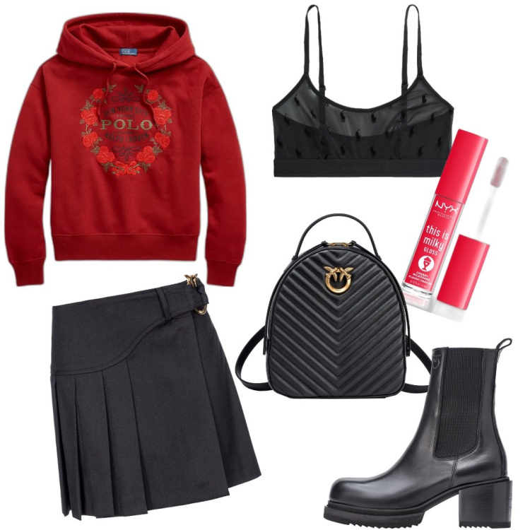 Outfit donna - Buon S. Valen-teen. Stile Preppy per Scuola/Università. Abbinamento con gloss, minigonne, stivaletti chelsea, zaini, felpe con cappuccio, reggiseni.