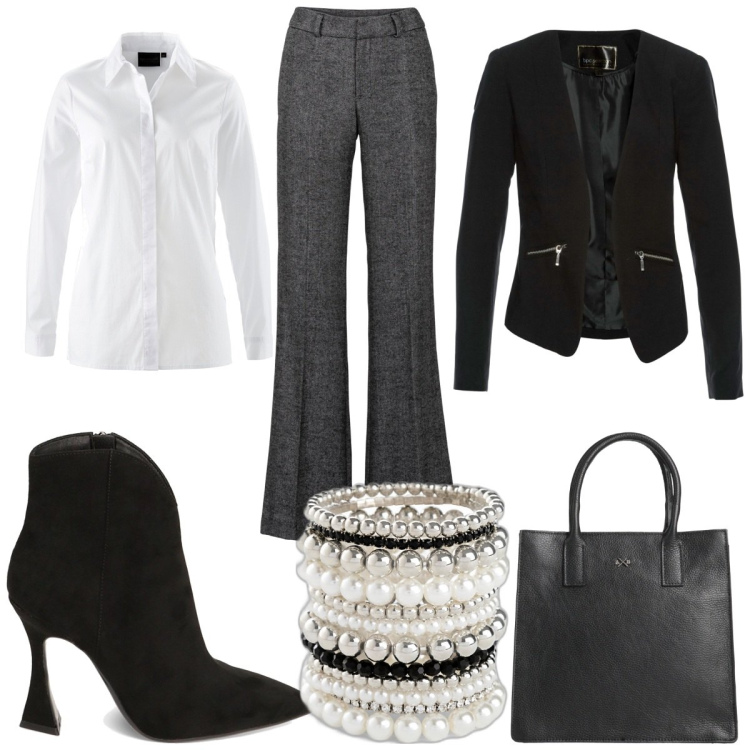 Outfit donna - Total look #1813827. Stile Minimal per Ufficio. Abbinamento con pantaloni a palazzo, blazer, braccialetti, camicie, borse a mano, stivaletti.