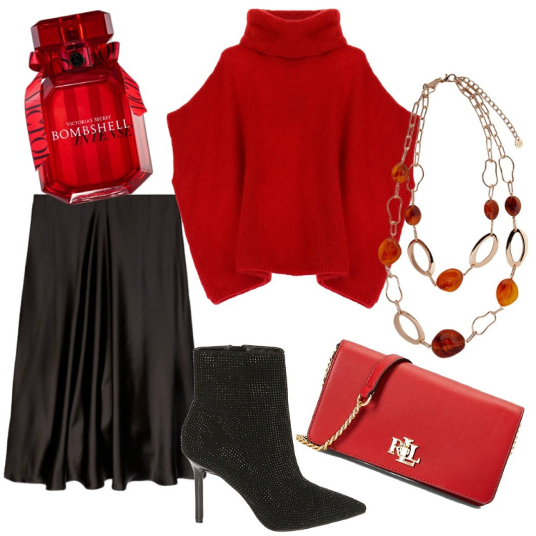 Outfit donna - Valentine day. Stile Glamour per Serata fuori. Abbinamento con profumi, maglieria, stivali sopra il ginocchio, borse a mano, gonne lunghe, ciondoli.