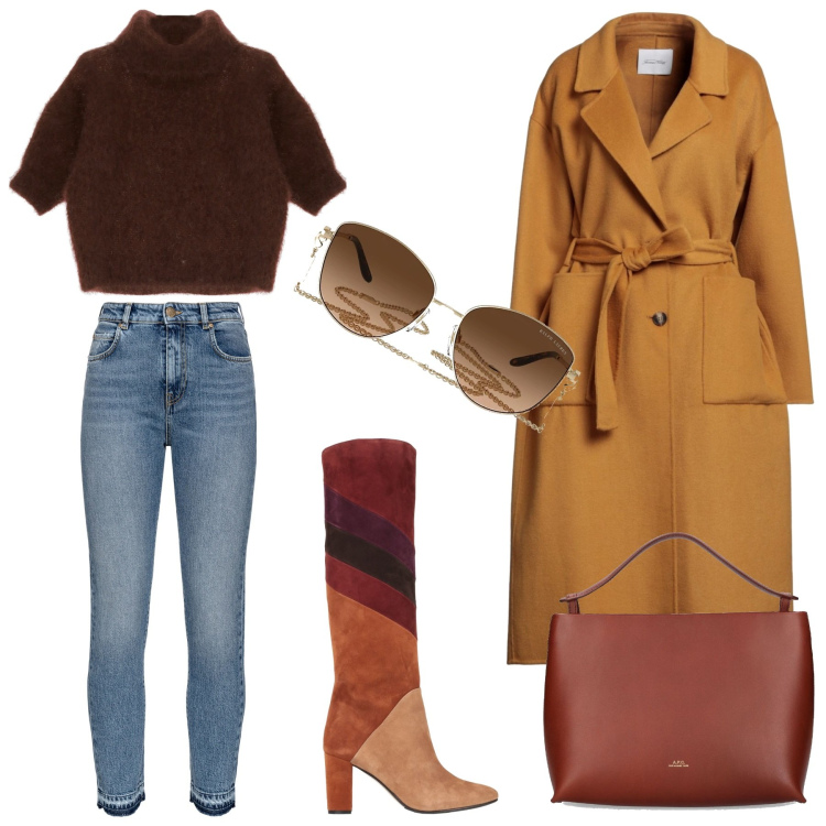 Outfit donna - Jeans e colori caldi. Stile Casual chic per Tutti i giorni. Abbinamento con cappotti, stivali sopra il ginocchio, jeans slim fit, maglieria, occhiali da sole, borse a spalla.