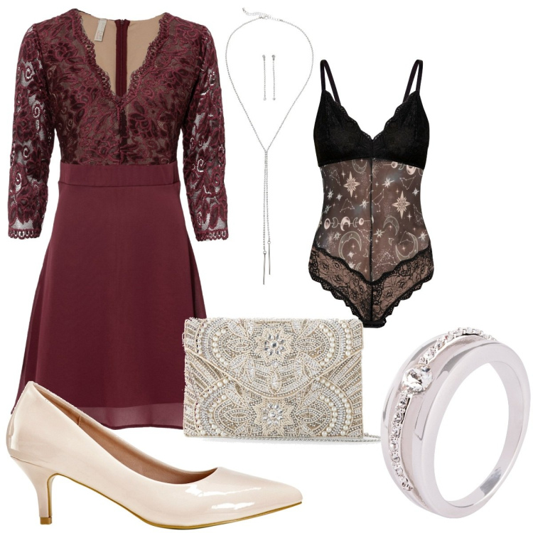 Outfit donna - Bonprix -la tua nuova lingerie. Stile Romantica per Serata fuori. Abbinamento con anelli, pochette, vestiti midi/longuette, body, décolleté, collane.