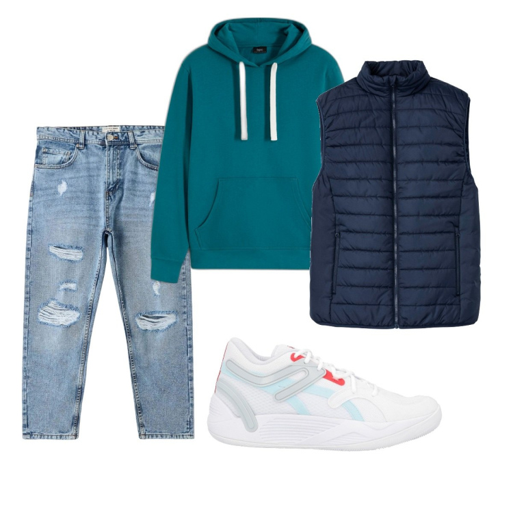 Outfit uomo - Total look #1813865. Stile Casual per Tutti i giorni. Abbinamento con gilet, felpe con cappuccio, sneakers, jeans strappati.