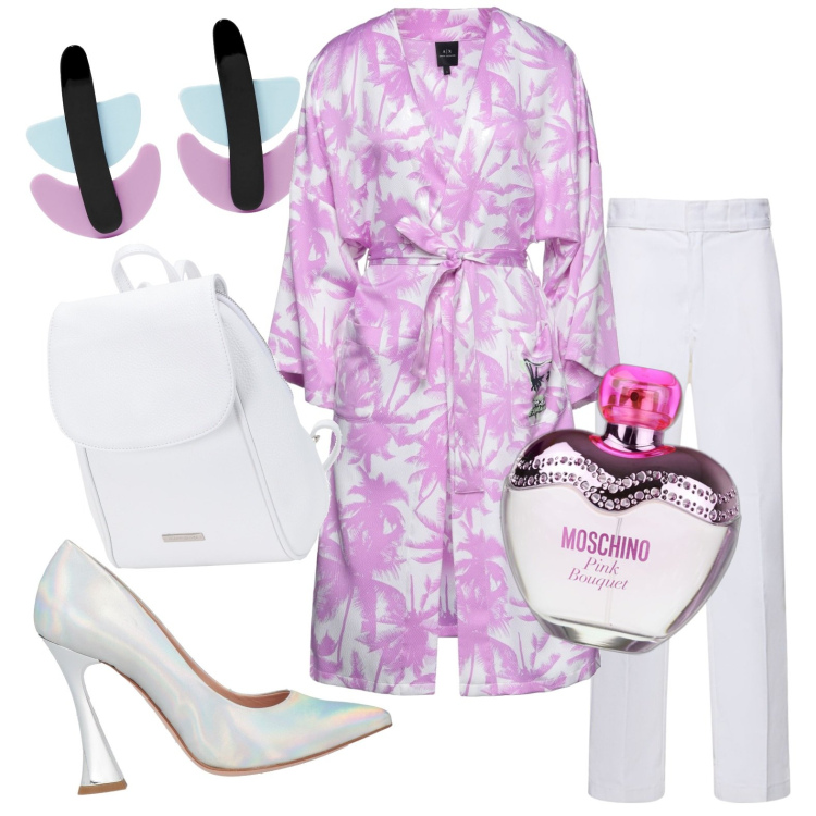 Outfit donna - Camicione. Stile Casual chic per Serata fuori. Abbinamento con décolleté, camicie, orecchini, zaini, profumi, pantaloni.