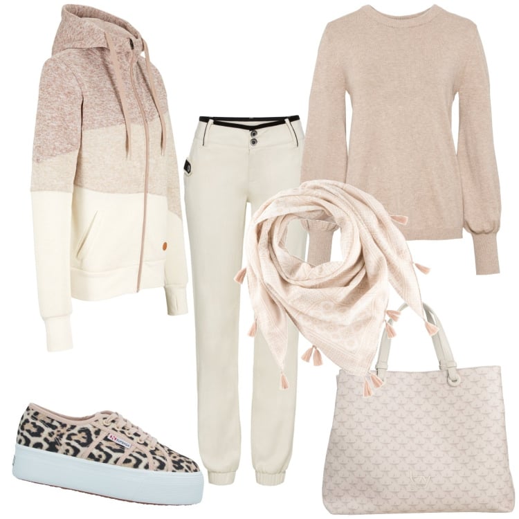 Outfit donna - Sportiva. Stile Casual per Tutti i giorni. Abbinamento con borse a mano, sneakers, maglieria, pantaloni, blazer, foulard.