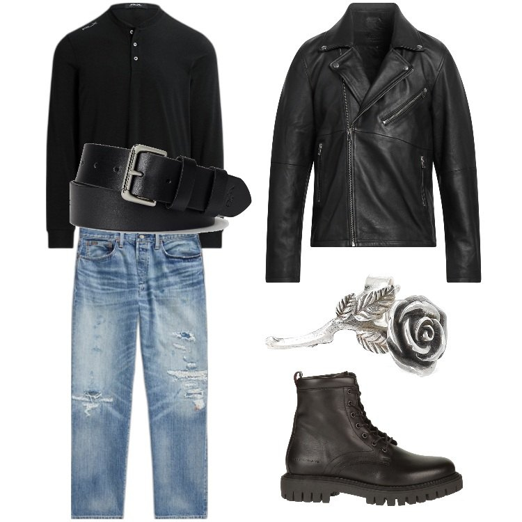 Outfit uomo - Total look #1813880. Stile Biker Rock per Serata speciale. Abbinamento con anfibi, giacche, cinture, maglieria, jeans, orecchini.