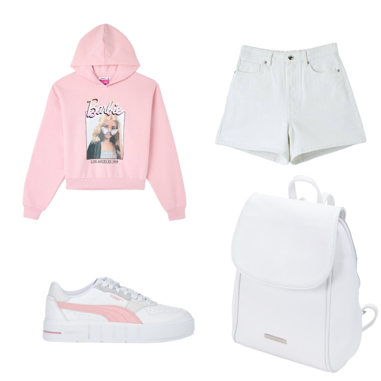 Outfit donna - Barbie. Stile Urban per Tutti i giorni. Abbinamento con zaini, sneakers, felpe con cappuccio, shorts.
